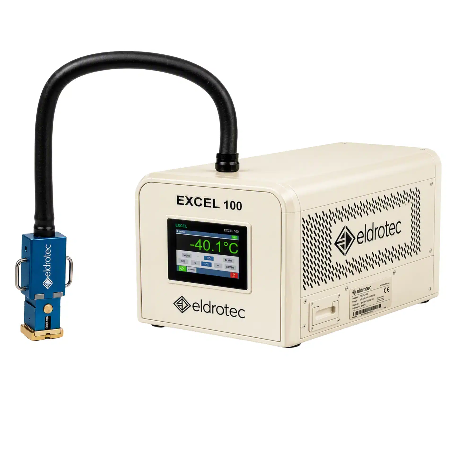 EldroTec EXCEL 100 benchtop temperature forcing system with touchscreen showing -40.1°C, connected to a blue thermal head via flexible hose.